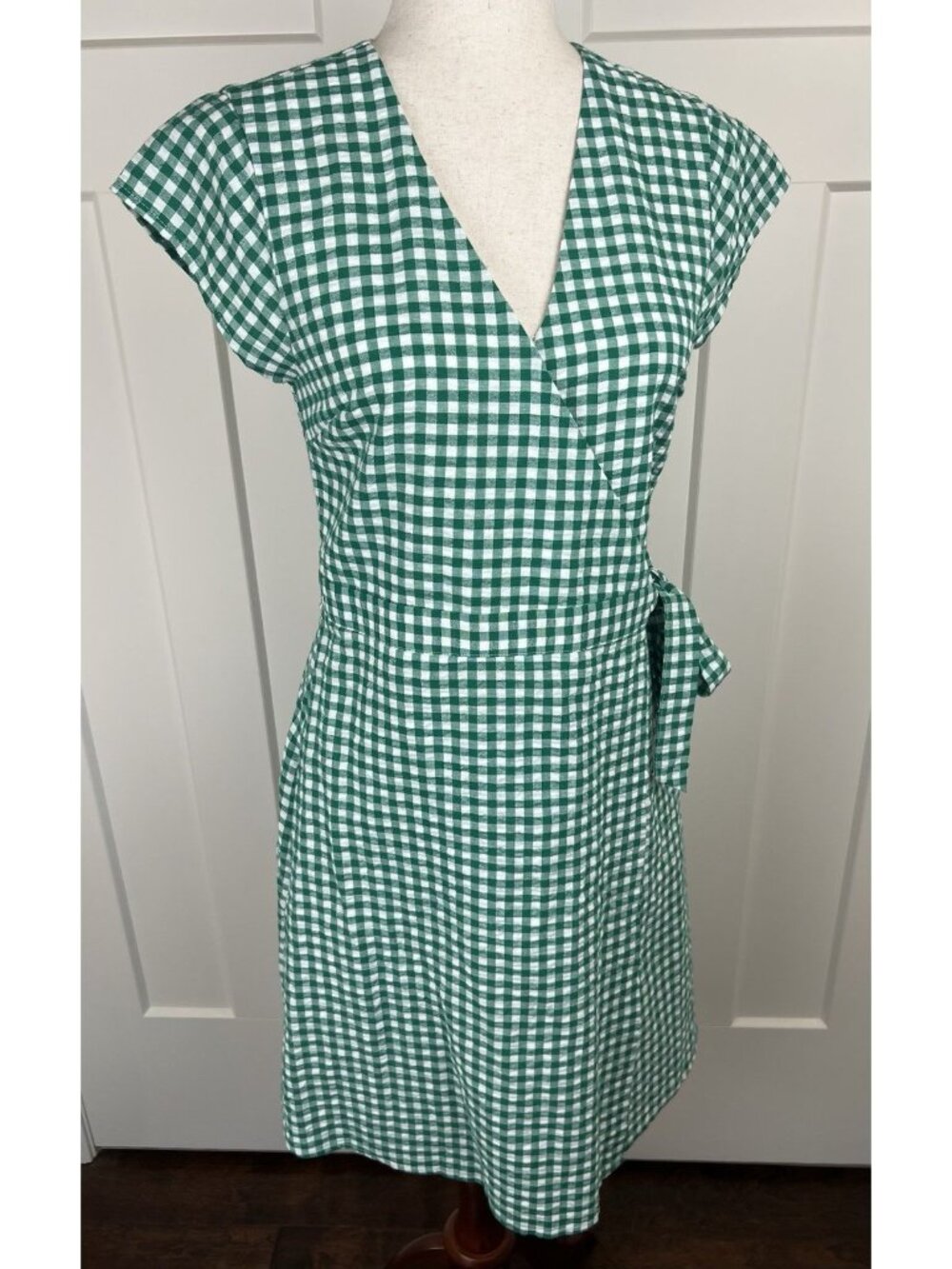 Banana Republic Gingham Wrap Dress Size 4 Green White Cotton Linen Fit Flare - Picture 8 of 11
